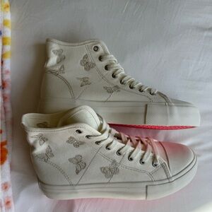 Cream High-Top Sneakers with Butterfly Pattern